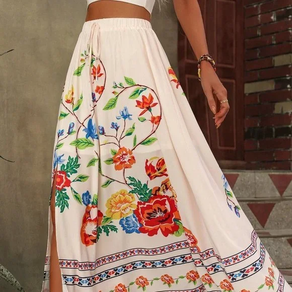 White boho Womens Floral Print Knot Waist Split Thigh Skirt - Picture 1 of 5